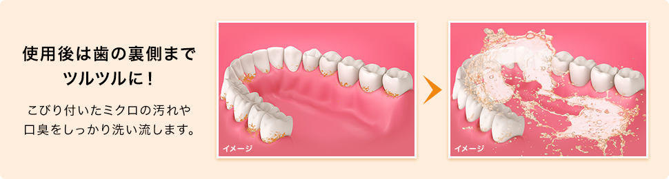 使用後は歯の裏側までツルツルに！ こびり付いたミクロの汚れや口臭をしっかり洗い流します。