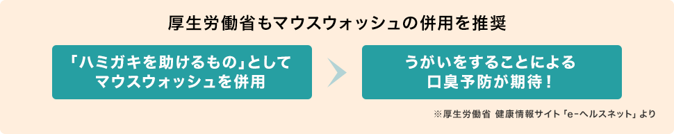 厚生労働省もマウスウォッシュの併用を推進 「ハミガキを助けるもの」としてマウスウォッシュを併用 うがいをすることによる口臭予防が期待！